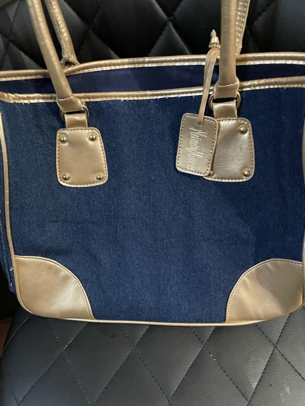 Neiman Marcus Navy Denim Tote with Gold Trim